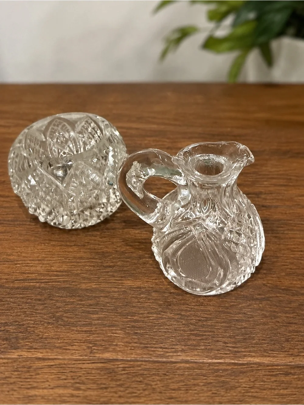 Vintage Miniature Cut Glass Set Vase Open Salt Pitcher Creamer 3 Pc Clear